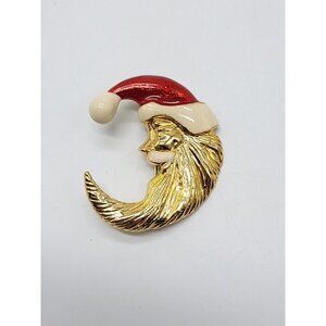 Enamel Santa Vintage Christmas Brooch Gold Tone Signed AAi 2" Man in the Moon
